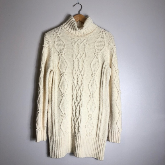 LOFT Sweaters - LOFT Pom Pom Cable Knit Cream Turtleneck Sweater